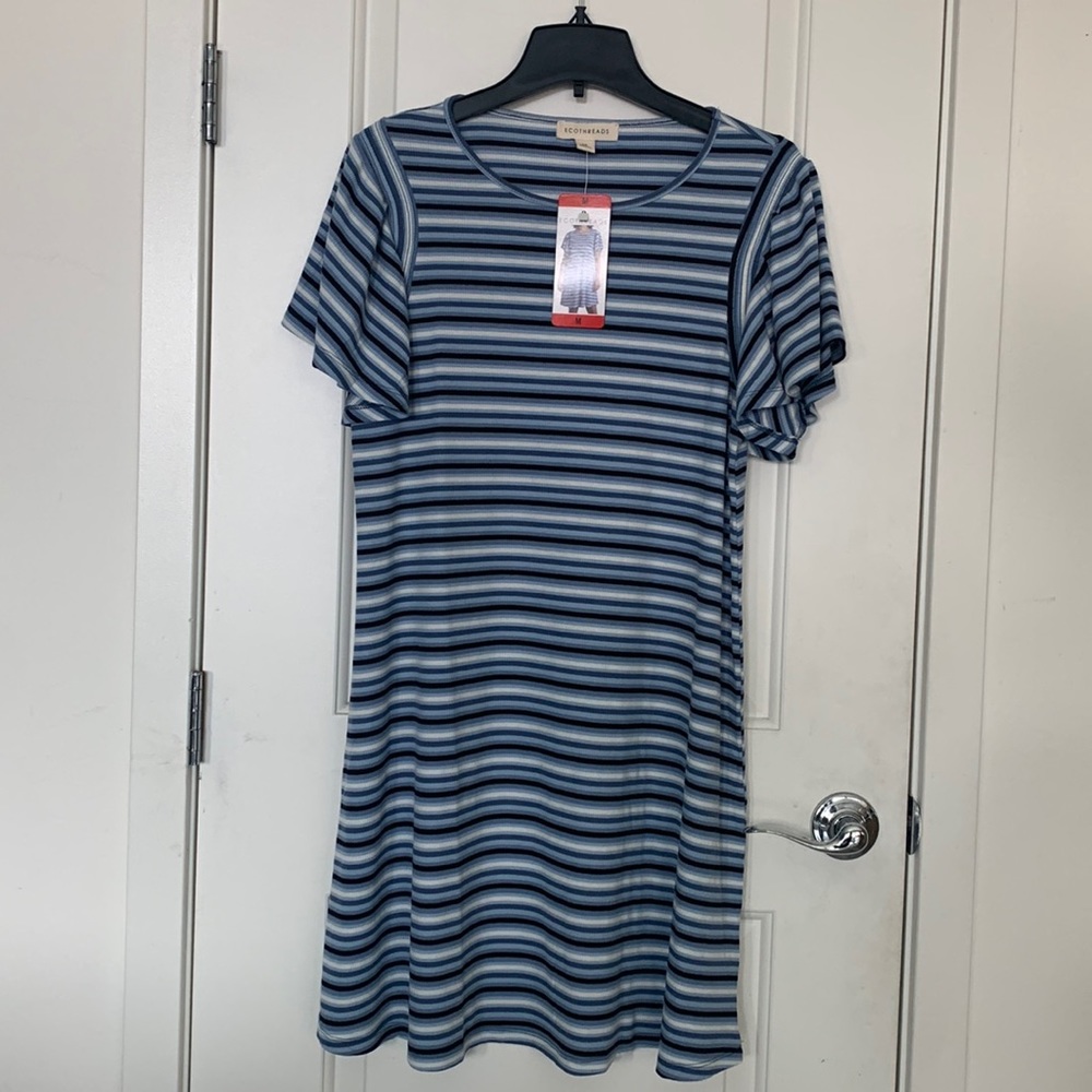Ecothreads Ladies' Flutter Sleeve Dress- Blue Stripe
